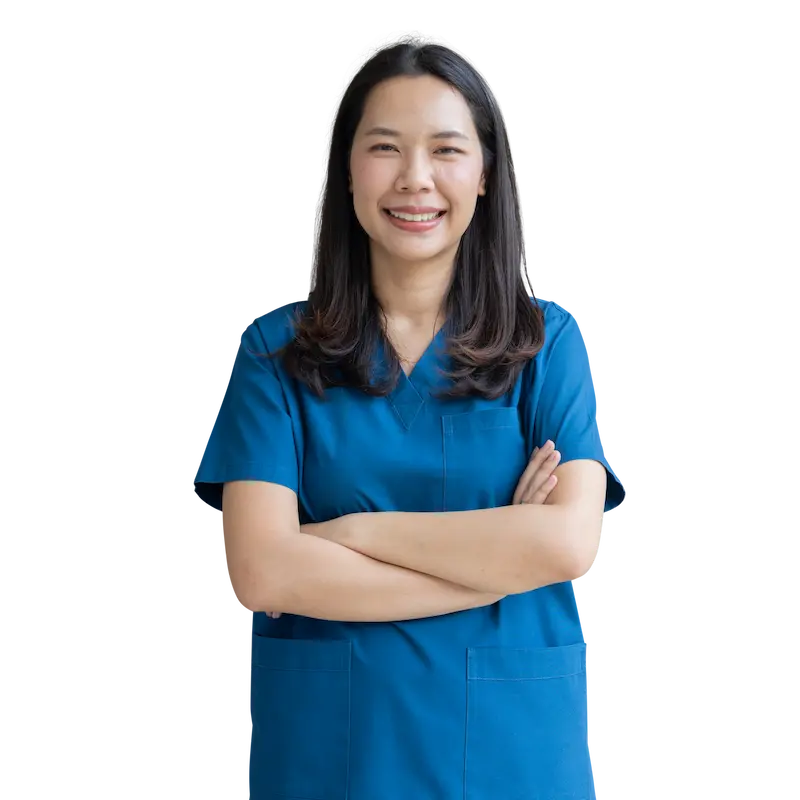 close up professional doctor asian woman smile and arm crossed