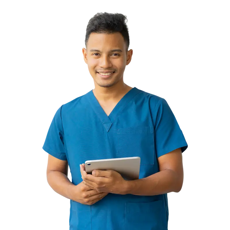 close up young asian nurse man smile and hold digital tablet for record